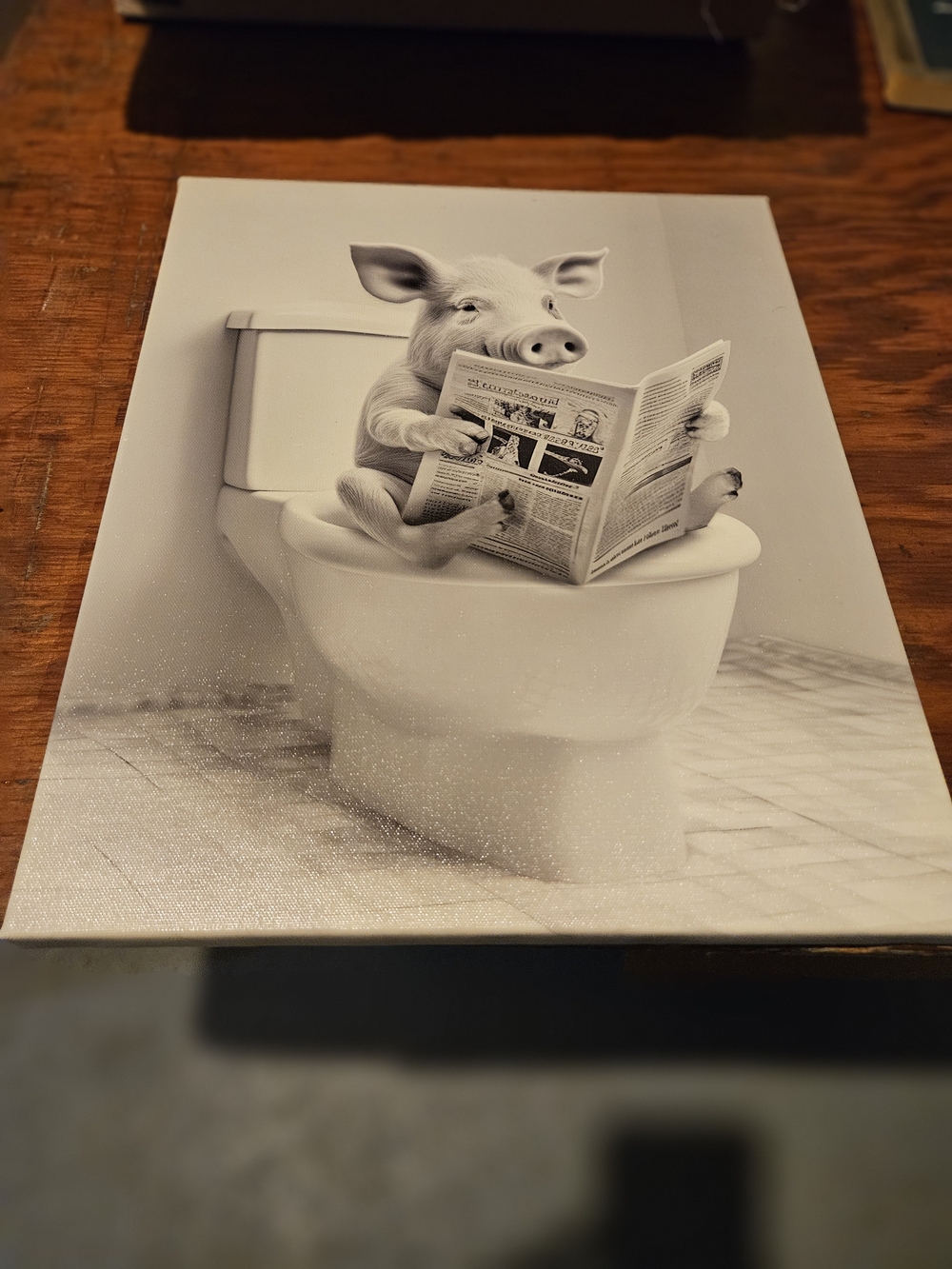 Whimsical Pig on Toilet Canvas Wall Art - Black & White